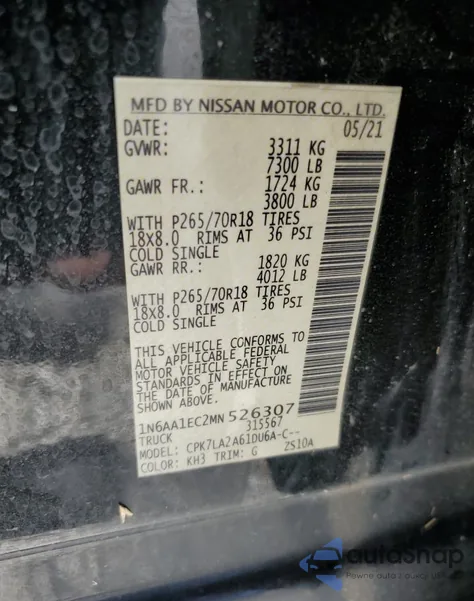 2021 Nissan Titan S из США, поврежденный, VIN 1N6AA1EC2MN526307